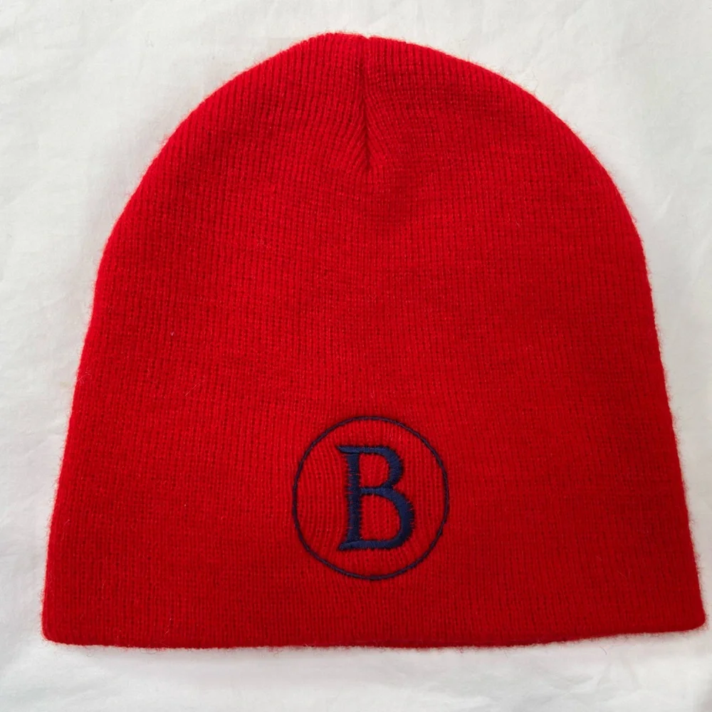 Red Knit Beanie with Blue 'B' Embroidery